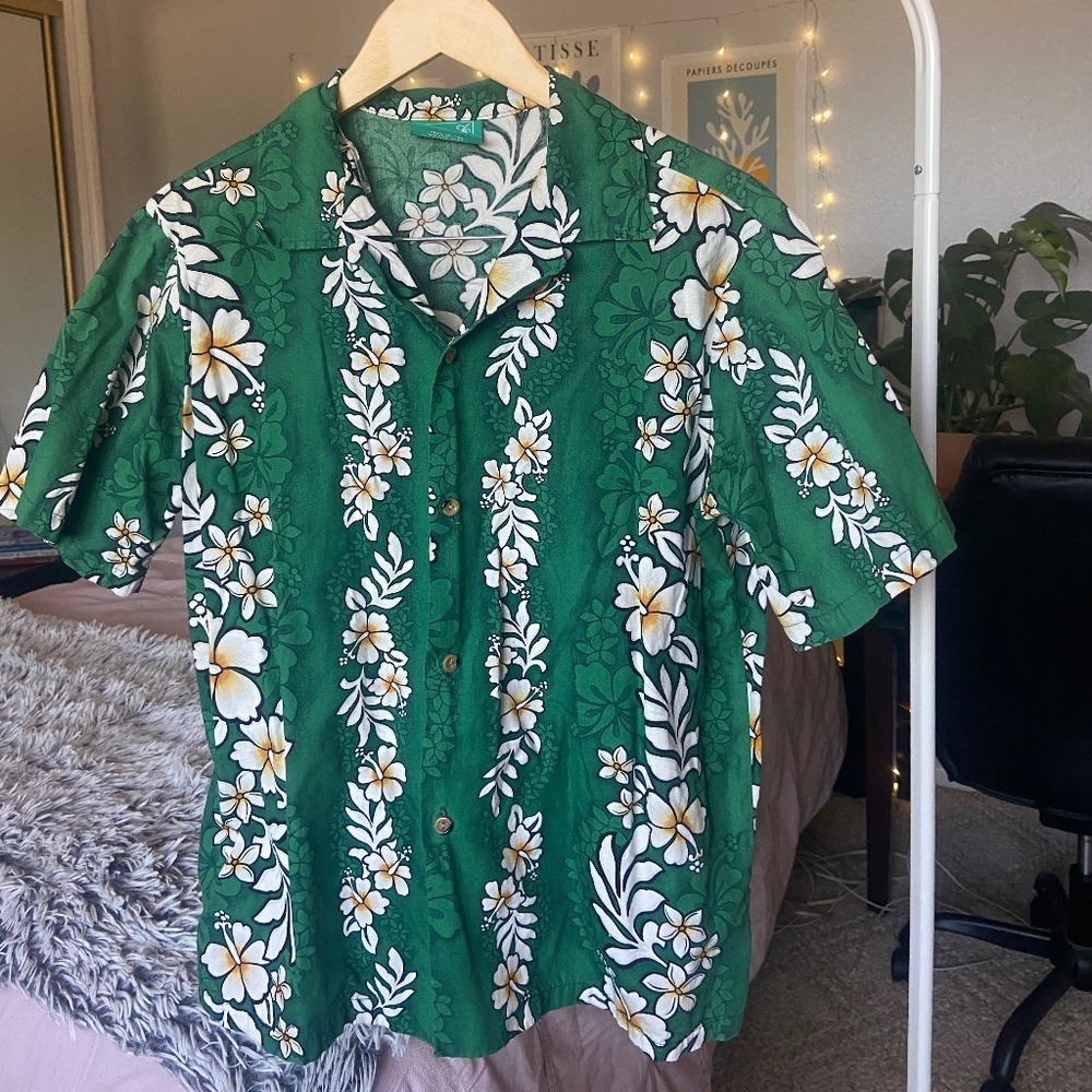 Green Oversized Hawaiian shirt with lots of white and yellow flowers